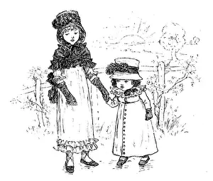 Antique children spelling book illustrations: Holding hands