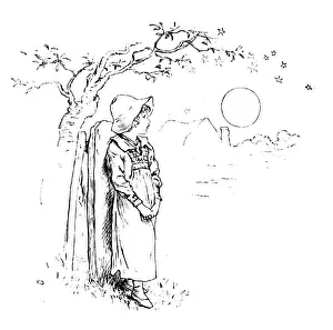 Antique children spelling book illustrations: Looking at sun
