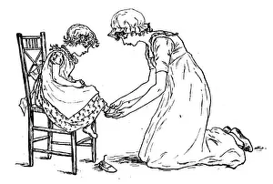Antique children spelling book illustrations: Wearing shoes