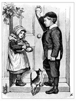 Images Dated 29th June 2016: Antique childrens book comic illustration: girl and boy knocking door