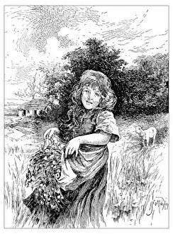 Images Dated 29th June 2016: Antique childrens book comic illustration: little girl outdoor