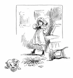 Images Dated 28th June 2016: Antique childrens book comic illustration: dog breaking vase