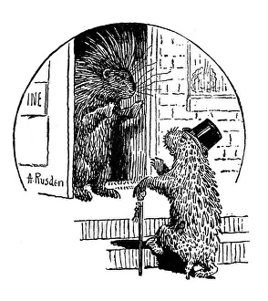 Marmot Prints: Antique childrens book comic illustration: animals at the door