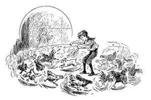Furious Prints: Antique childrens book comic illustration: boy with dog and chickens