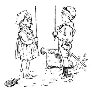 Baby Girls Prints: Antique childrens book comic illustration: boy and girl with swords