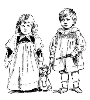 Antique childrens book comic illustration: boy and girl with toys