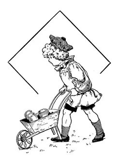 Antique childrens book comic illustration: boy with wheelbarrow