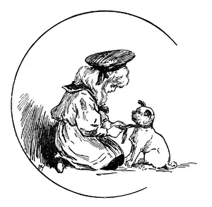 Leash Prints: Antique childrens book comic illustration: child with dog