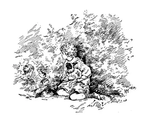 Hedge Prints: Antique childrens book comic illustration: child and dog