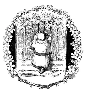 Looking Through An Object Prints: Antique childrens book comic illustration: child looking through gate
