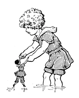 Baby Girls Prints: Antique childrens book comic illustration: child playing with doll
