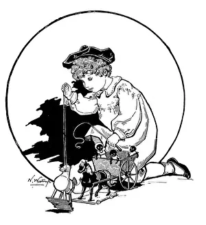 Figurine Prints: Antique childrens book comic illustration: child playing with toys