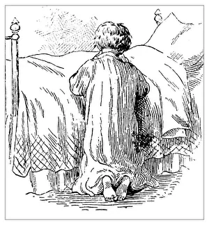 Depression Sadness Prints: Antique childrens book comic illustration: child praying in bed