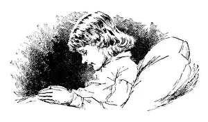 Antique childrens book comic illustration: child praying in bed