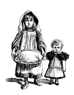 Antique childrens book comic illustration: children with basket