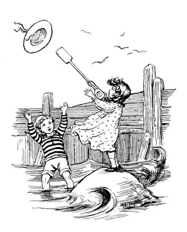 Antique childrens book comic illustration: children on boat