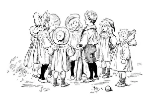 Playing Prints: Antique childrens book comic illustration: children cricket match
