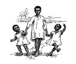 African Descent Prints: Antique childrens book comic illustration: children and father