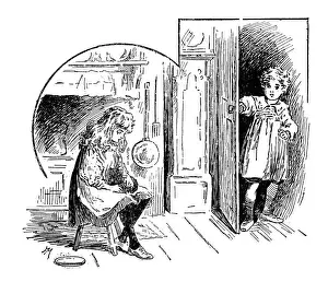 Domestic Kitchen Prints: Antique childrens book comic illustration: children indoor