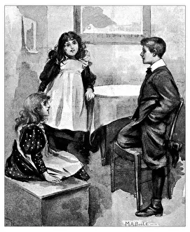 Baby Girls Prints: Antique childrens book comic illustration: children indoor