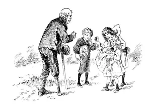 Antique childrens book comic illustration: children with man