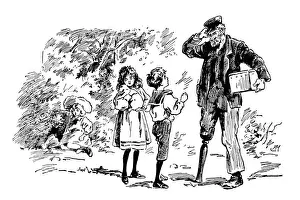 Grandfather Prints: Antique childrens book comic illustration: children with man