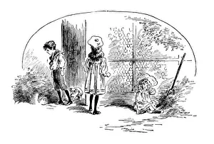 Barn Prints: Antique childrens book comic illustration: children outdoor