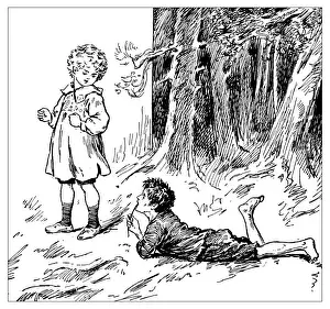 Antique childrens book comic illustration: children outdoors