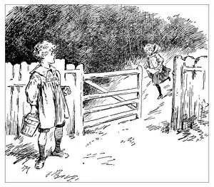 Baby Girls Prints: Antique childrens book comic illustration: children outdoors