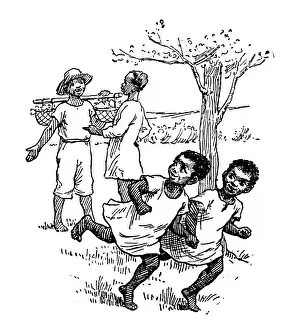 African Descent Prints: Antique childrens book comic illustration: children running from father