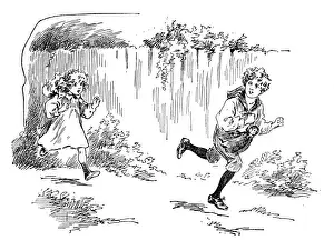 Jogging Prints: Antique childrens book comic illustration: children running outdoor