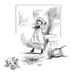 Worried Prints: Antique childrens book comic illustration: dog breaking vase