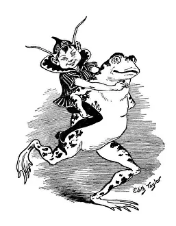 Frog Prints: Antique childrens book comic illustration: elf and frog