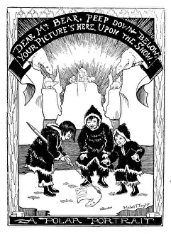 Iceberg Ice Formation Prints: Antique childrens book comic illustration: Eskimo drawing polar bear