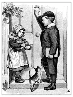 Baby Girls Prints: Antique childrens book comic illustration: girl and boy knocking door