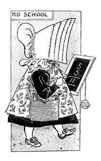 School Building Prints: Antique childrens book comic illustration: girl doing math