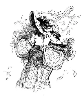 Antique childrens book comic illustration: girl against wind in autumn