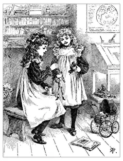 Baby Girls Prints: Antique childrens book comic illustration: girls repairing toys dolls