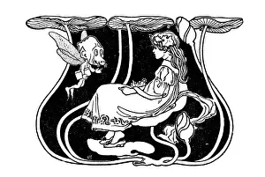 Antique childrens book comic illustration: goblin and girl fairy