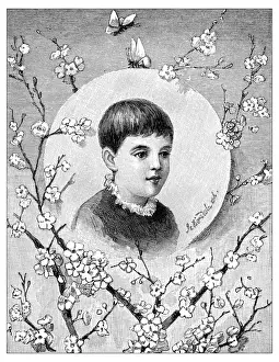 Antique childrens book comic illustration: Little boy portrait with flowers