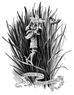 Childishness Prints: Antique childrens book comic illustration: little elf with flower