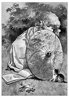Baby Girls Prints: Antique childrens book comic illustration: little girl with cat