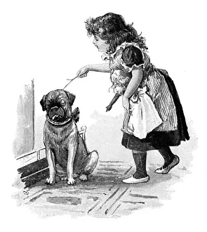 Poking Prints: Antique childrens book comic illustration: little girl with dog