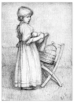 Crib Prints: Antique childrens book comic illustration: little girl with doll
