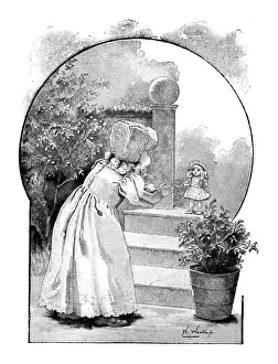 Antique childrens book comic illustration: little girl with doll