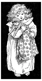 Baby Girls Prints: Antique childrens book comic illustration: little girl with doll