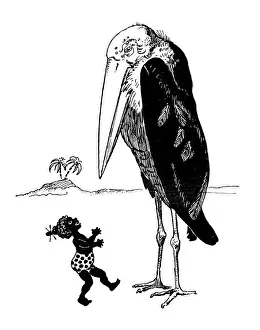 Antique childrens book comic illustration: little girl with giant bird
