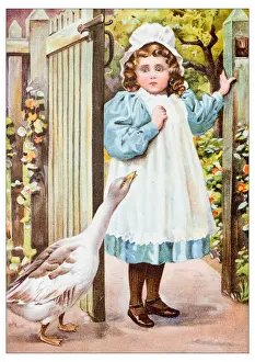 Goose Prints: Antique childrens book comic illustration: little girl with goose