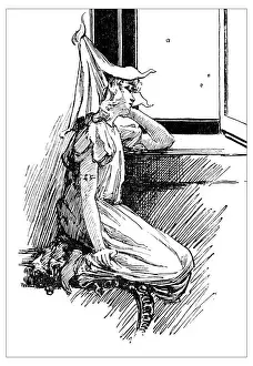 Fairy Prints: Antique childrens book comic illustration: little girl looking outside window