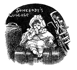 Baby Girls Prints: Antique childrens book comic illustration: little girl on luggage